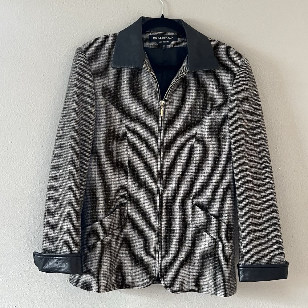 Braebrook Wool Jacket Women Size 10 Houndstooth‎ Zip Front Faux Leather Trim